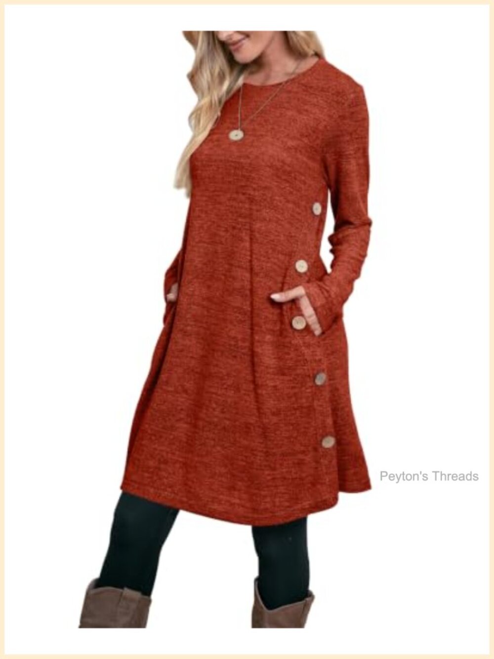 Long Sleeve Tunic Dress with Pockets Buttons Crew Neck A-Line
